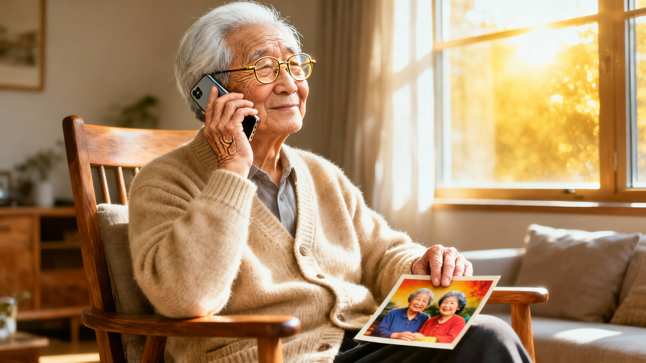 一位长者在窗边拿着电话与家人照片的概念示意画面